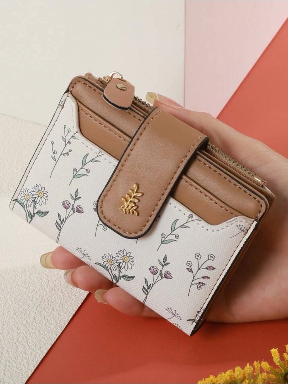 Floral Print Compact Wallet with Tan Trim